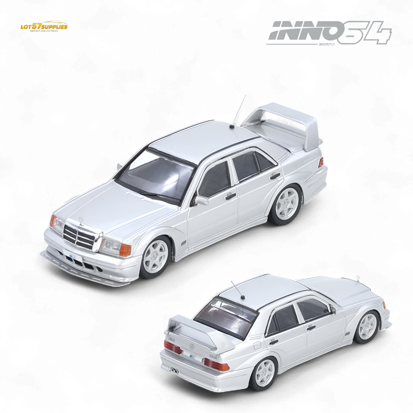 Silver Inno64 Mercedes-Benz 190E diecast model in 1:64 scale, detailed and realistic, from Lot57Supplies Diecast Shop.