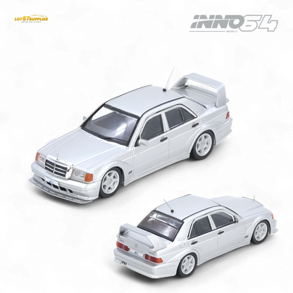 Silver Inno64 Mercedes-Benz 190E diecast model in 1:64 scale, detailed and realistic, from Lot57Supplies Diecast Shop.