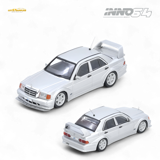 Silver Inno64 Mercedes-Benz 190E diecast model in 1:64 scale, detailed and realistic, from Lot57Supplies Diecast Shop.