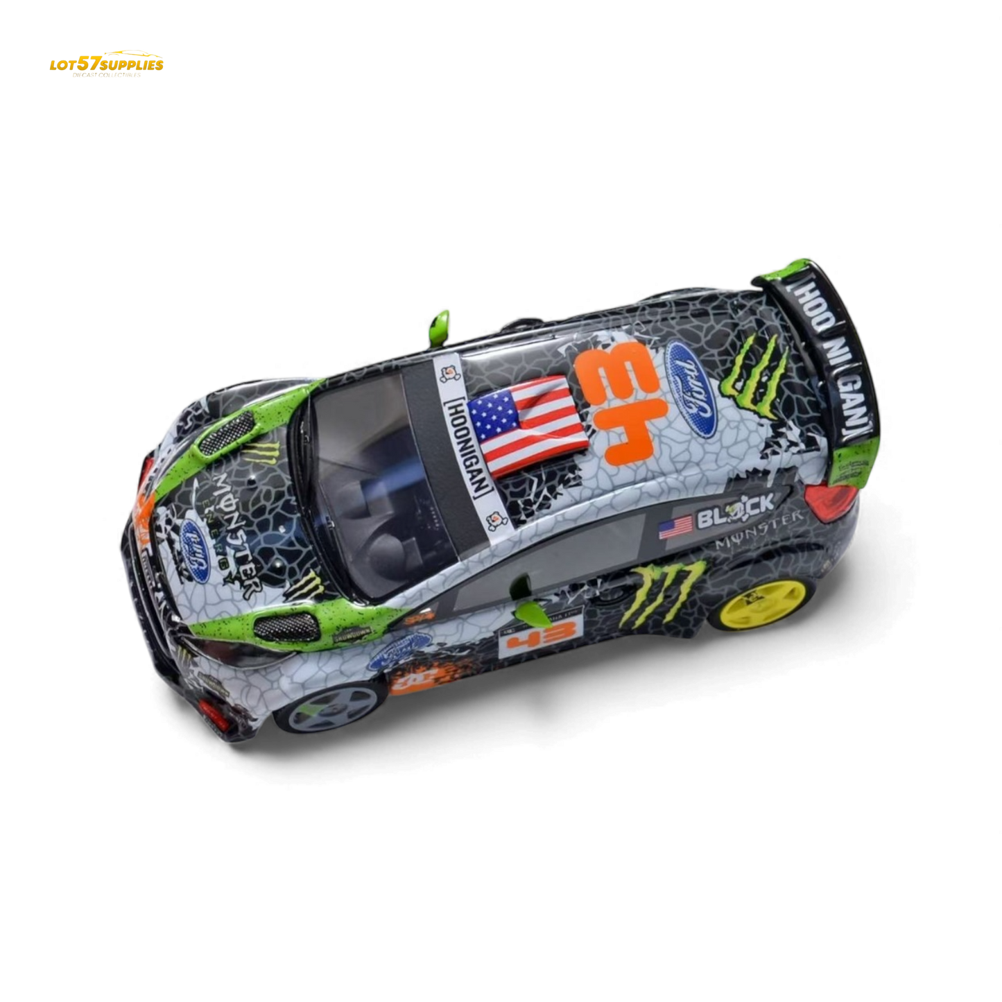 Miniature Ford Fiesta diecast model in Gymkhana livery, 1:64 scale, featuring detailed decals and vibrant racing design.