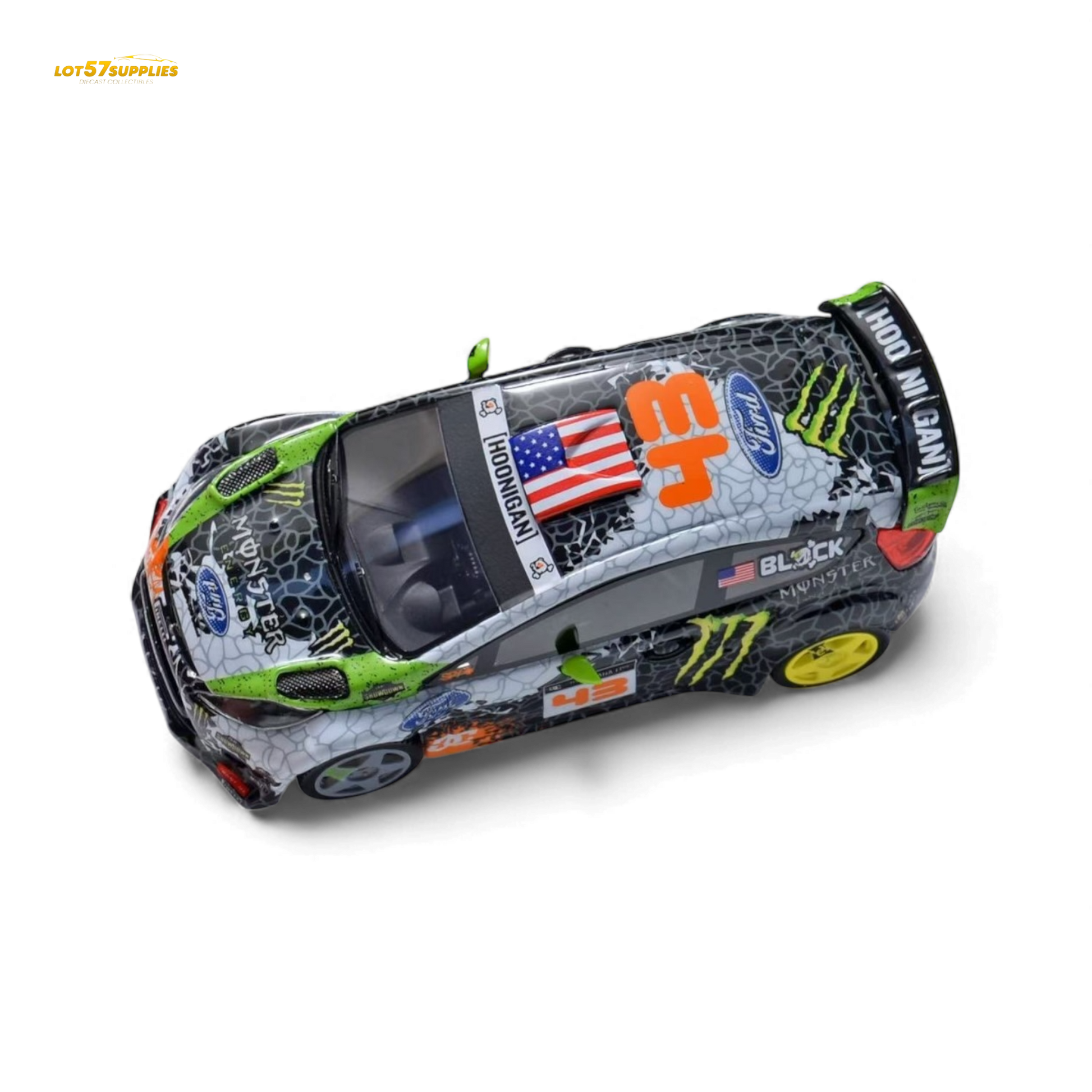 Miniature Ford Fiesta diecast model in Gymkhana livery, 1:64 scale, featuring detailed decals and vibrant racing design.