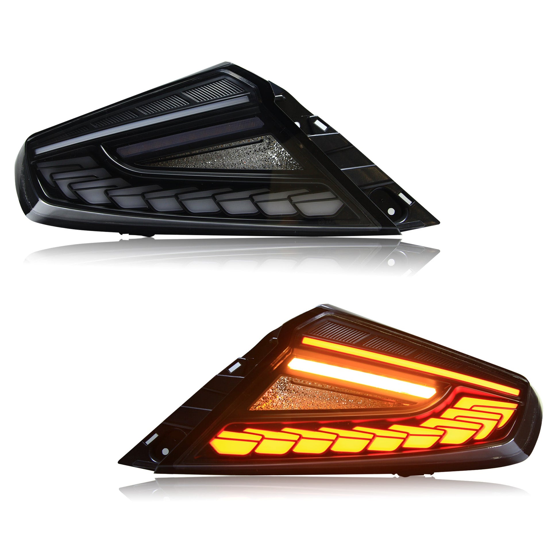 OLM Phantom-Spec LED taillights with clear lens and white optic for 2022+ Subaru WRX, showcasing sleek tail light design.