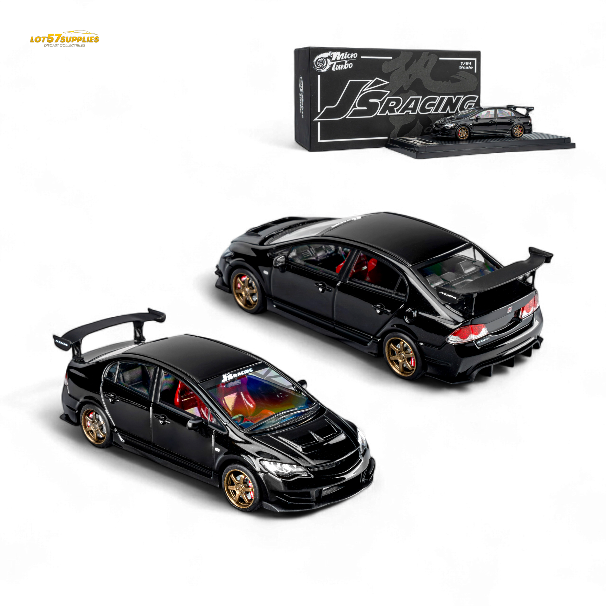 Detailed view of the black Honda Microturbo FD2 J'S Racing diecast model car in 1:64 scale by Lot57Supplies Diecast Shop.