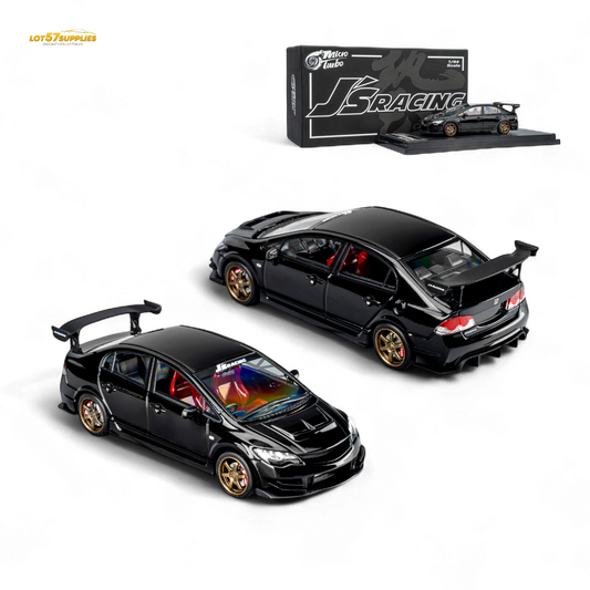 Detailed view of the black Honda Microturbo FD2 J'S Racing diecast model car in 1:64 scale by Lot57Supplies Diecast Shop.