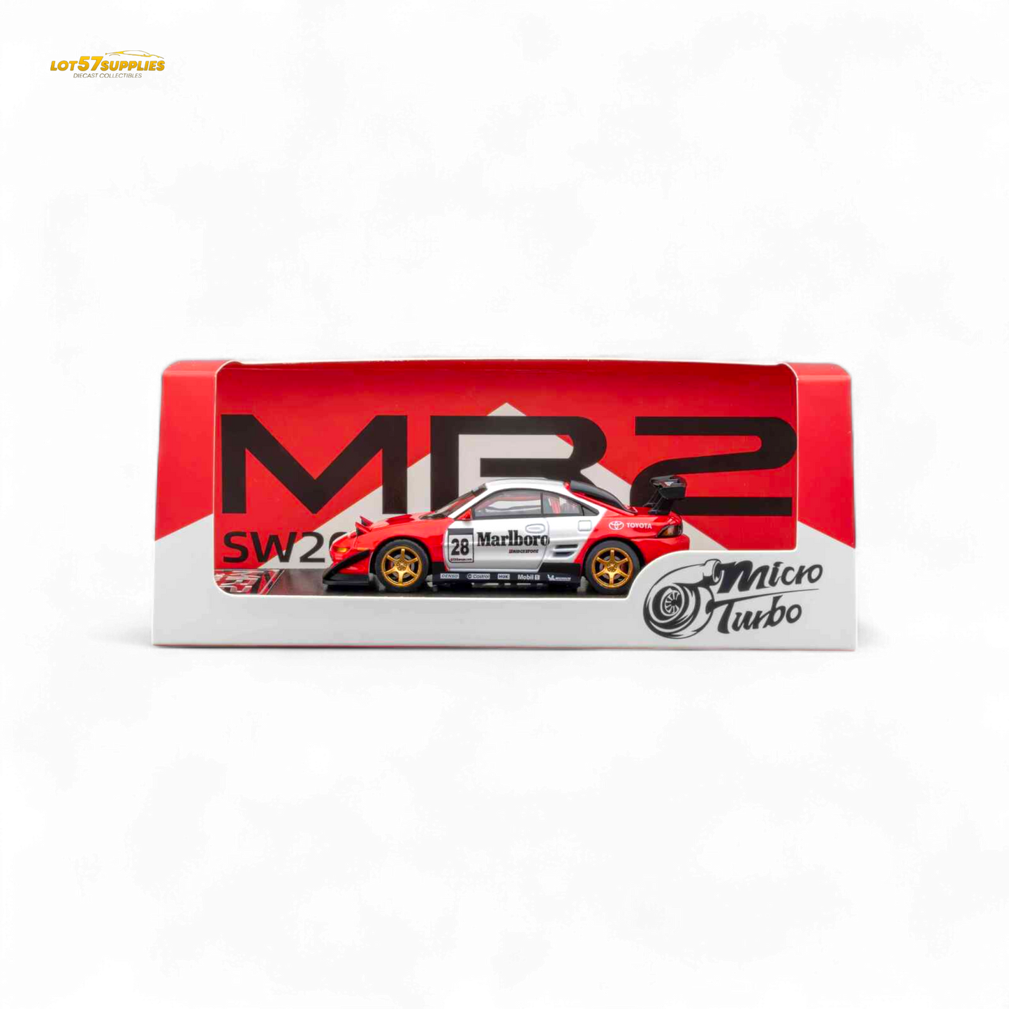 Pre-order MicroTurbo Toyota MR2 diecast model in Marlboro livery, 1:64 scale by Lot57Supplies Diecast Shop, detailed collectible car.