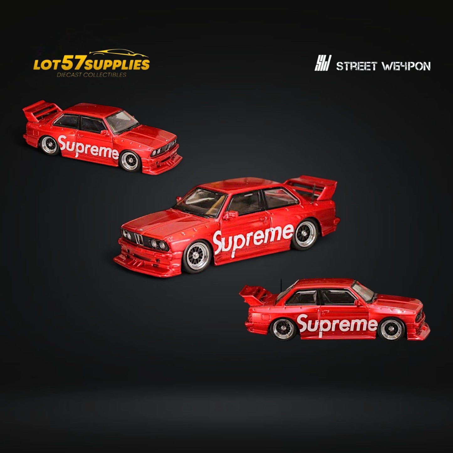 Diecast BMW E30 M3 street weapon model with red livery, 1:64 scale, featuring detailed design from Lot57Supplies Diecast Shop