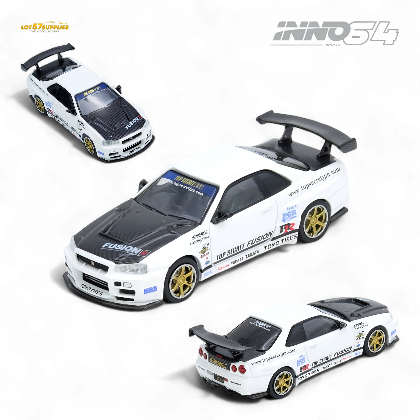 Pre-order Inno64 Nissan R34 GT-R diecast model in white, detailed 1:64 scale from Lot57Supplies Diecast Shop.