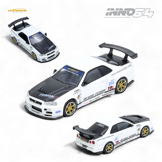 Pre-order Inno64 Nissan R34 GT-R diecast model in white, detailed 1:64 scale from Lot57Supplies Diecast Shop.