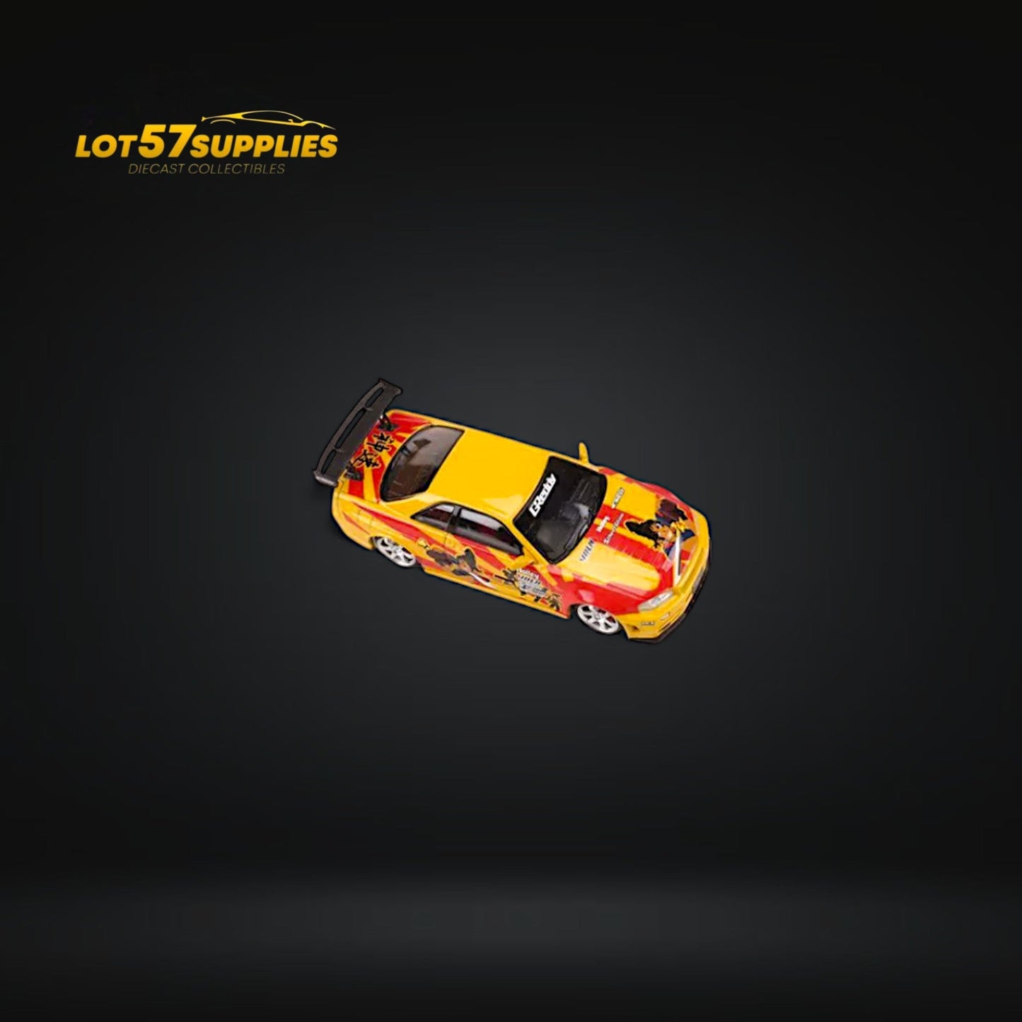 Yellow-red livery Nissan Skyline GT-R R34 Z-Tune diecast model by Lot57Supplies, detailed 1:64 scale Nissan car toy.