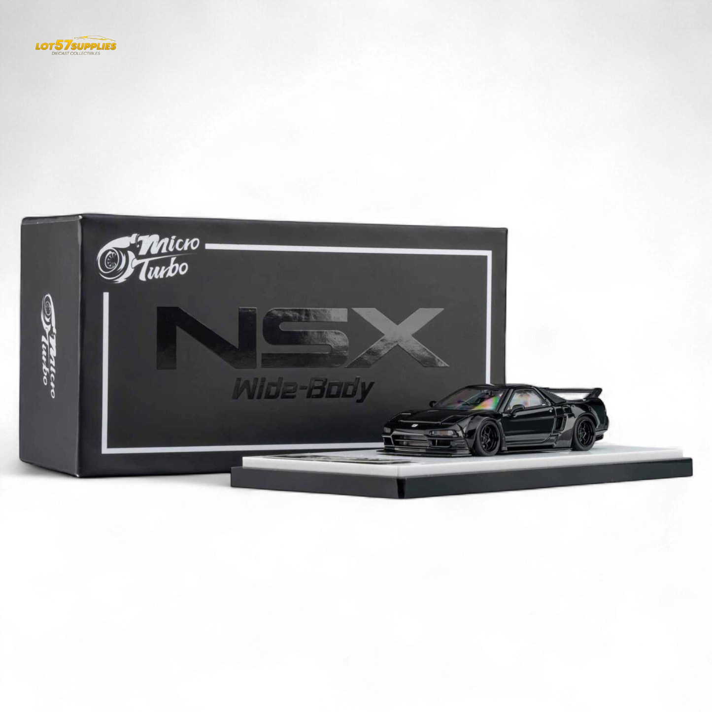 Gloss black Honda Microturbo NSX-R WideBody diecast car in 1:64 scale, detailed miniature model by Lot57Supplies Diecast Shop.
