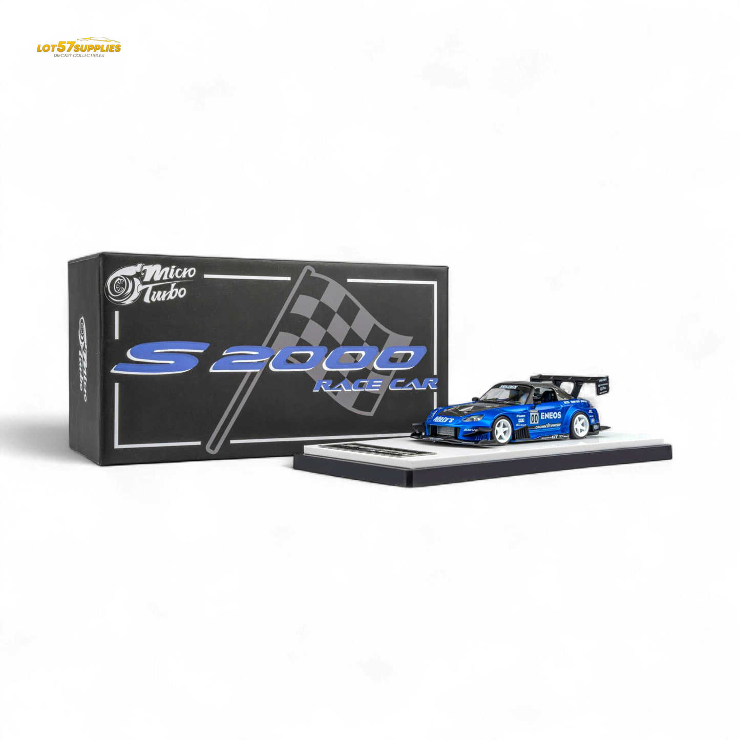 Candy blue 1:64 scale MicroTurbo Honda S2000 diecast model with ENEOS #00 TOP FUEL branding, detailed and collectible.