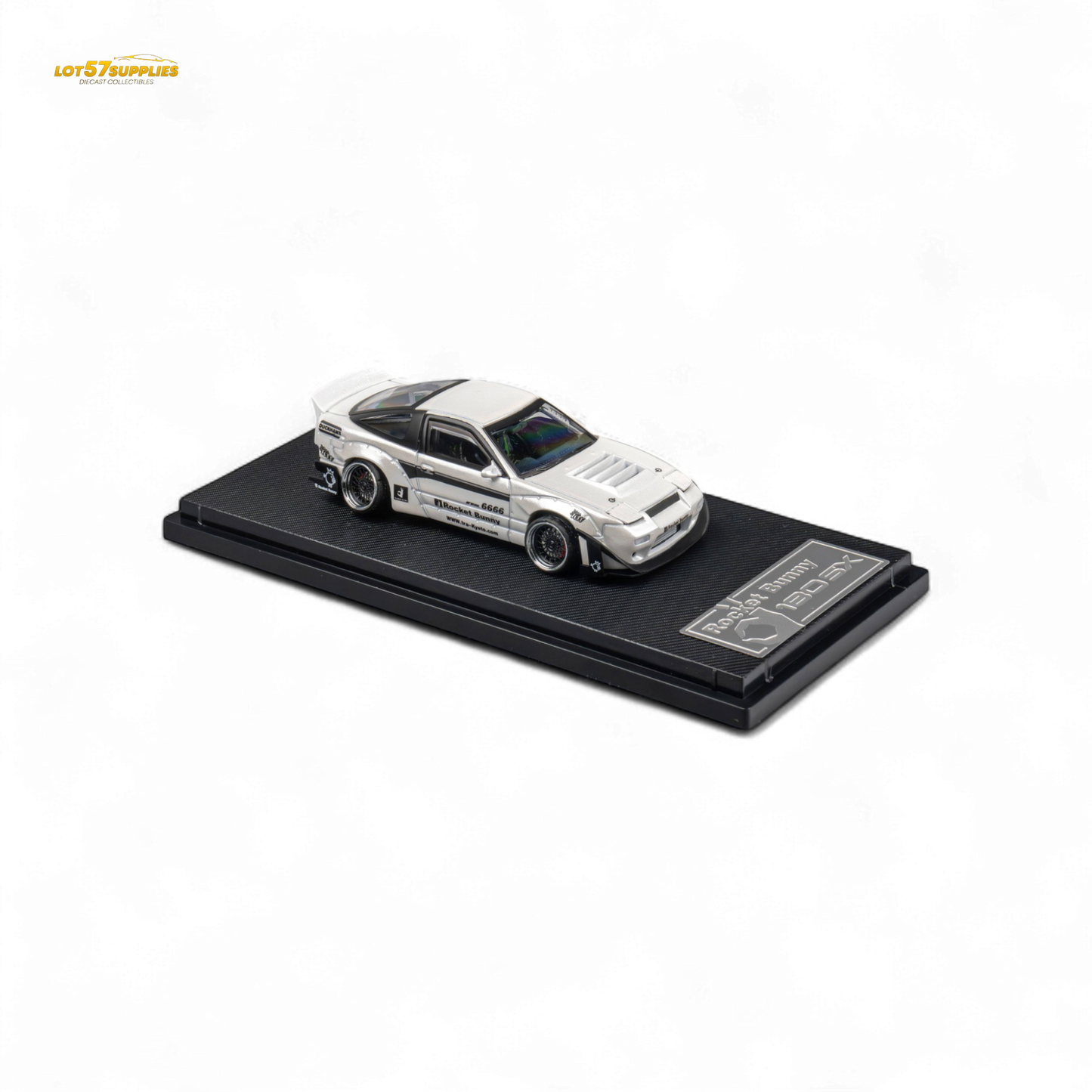 White 1:64 scale MicroTurbo Nissan 180SX Pandem Rocket Bunny diecast car, detailed model by Lot57Supplies Diecast Shop.