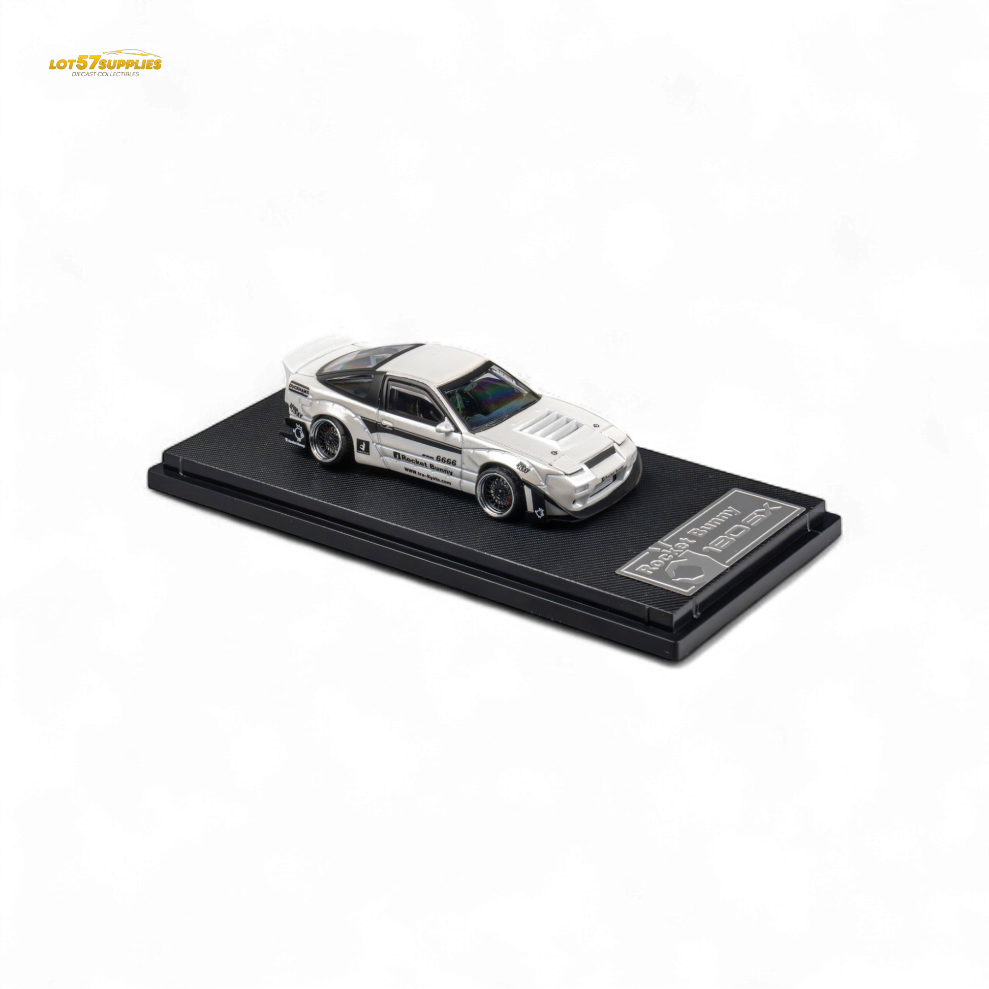 White 1:64 scale MicroTurbo Nissan 180SX Pandem Rocket Bunny diecast car, detailed model by Lot57Supplies Diecast Shop.