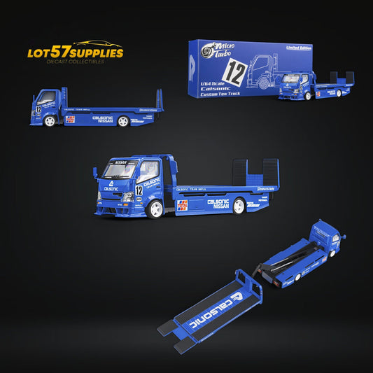 MicroTurbo HINO 300 Custom Truck Flatbed Blue Calsonic Livery 1:64 - Evergreen Kings