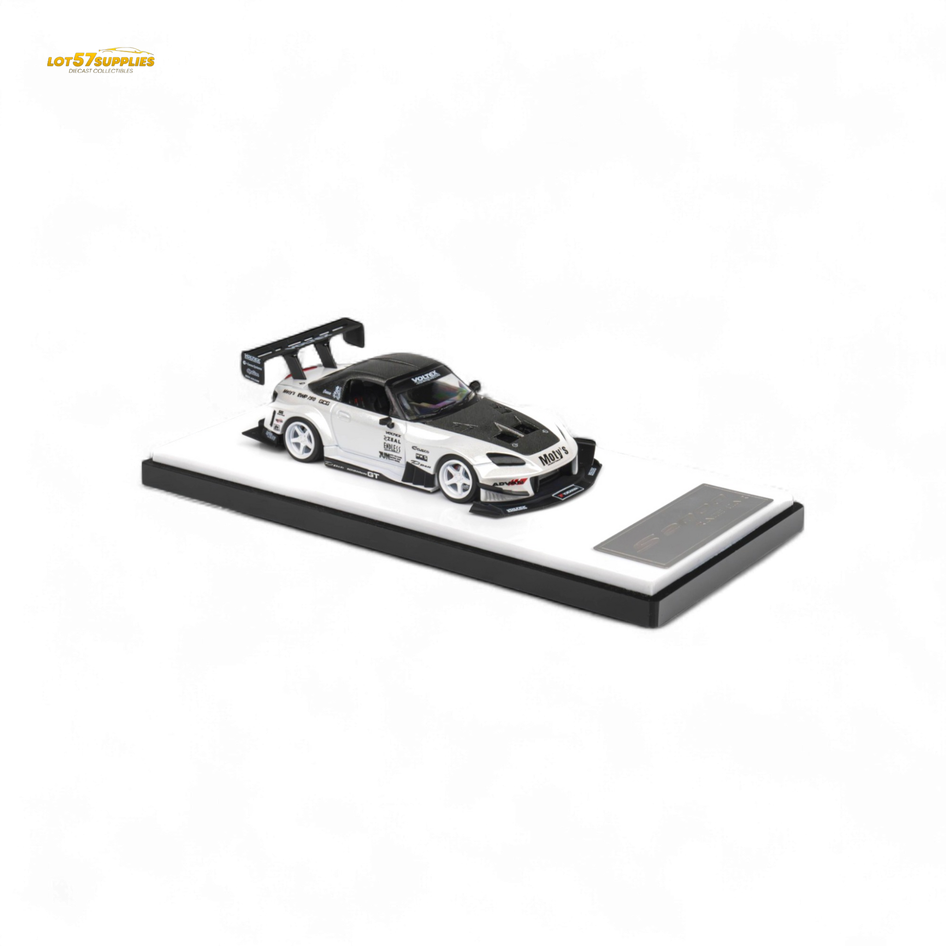 Metallic white Honda S2000 1:64 diecast model car by Lot57Supplies, detailed miniature replica of the Honda sports car.