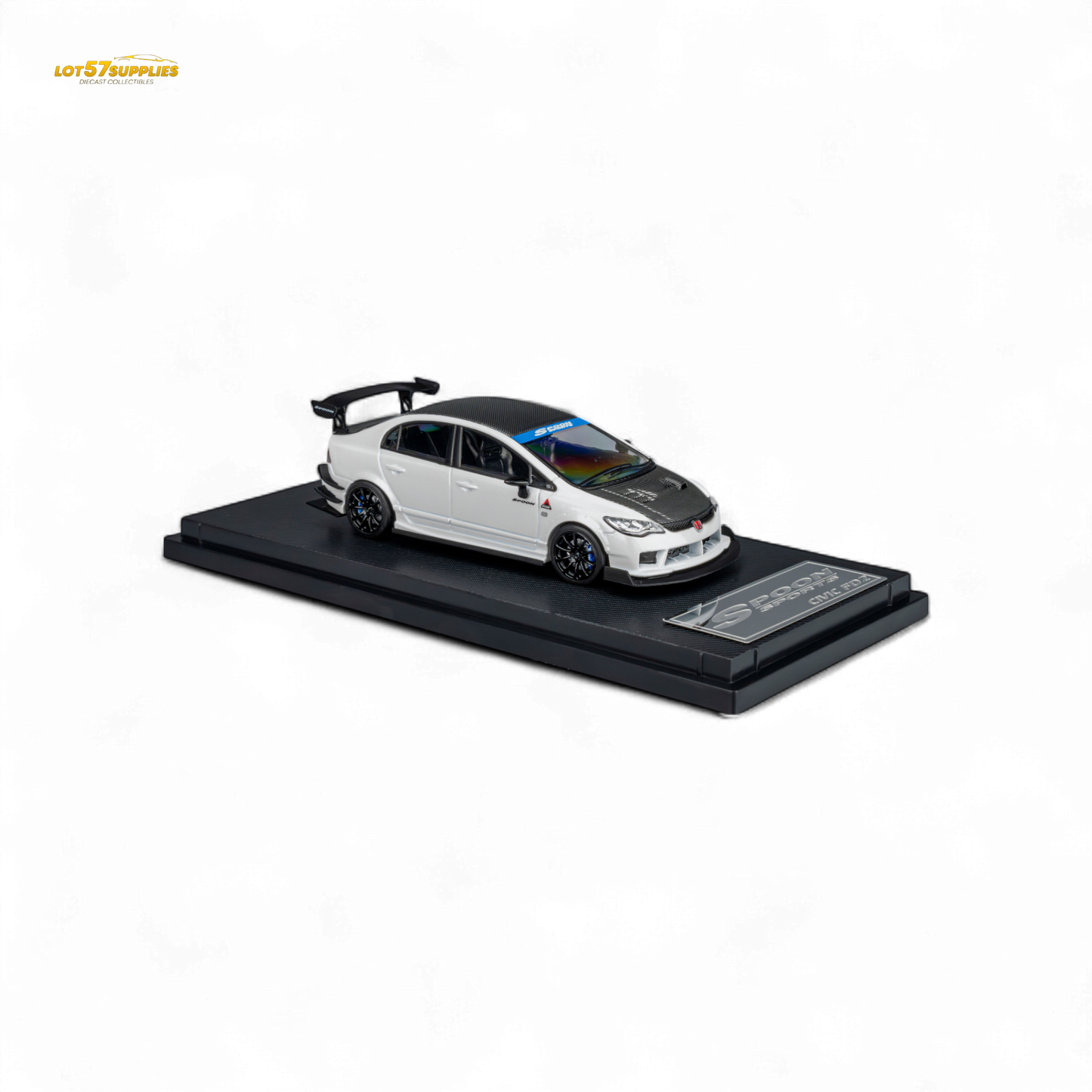 Metallic white Honda Civic Type R FD2 diecast model by Spoon Sports, 1:64 scale, featuring detailed exterior and racing-inspired design.