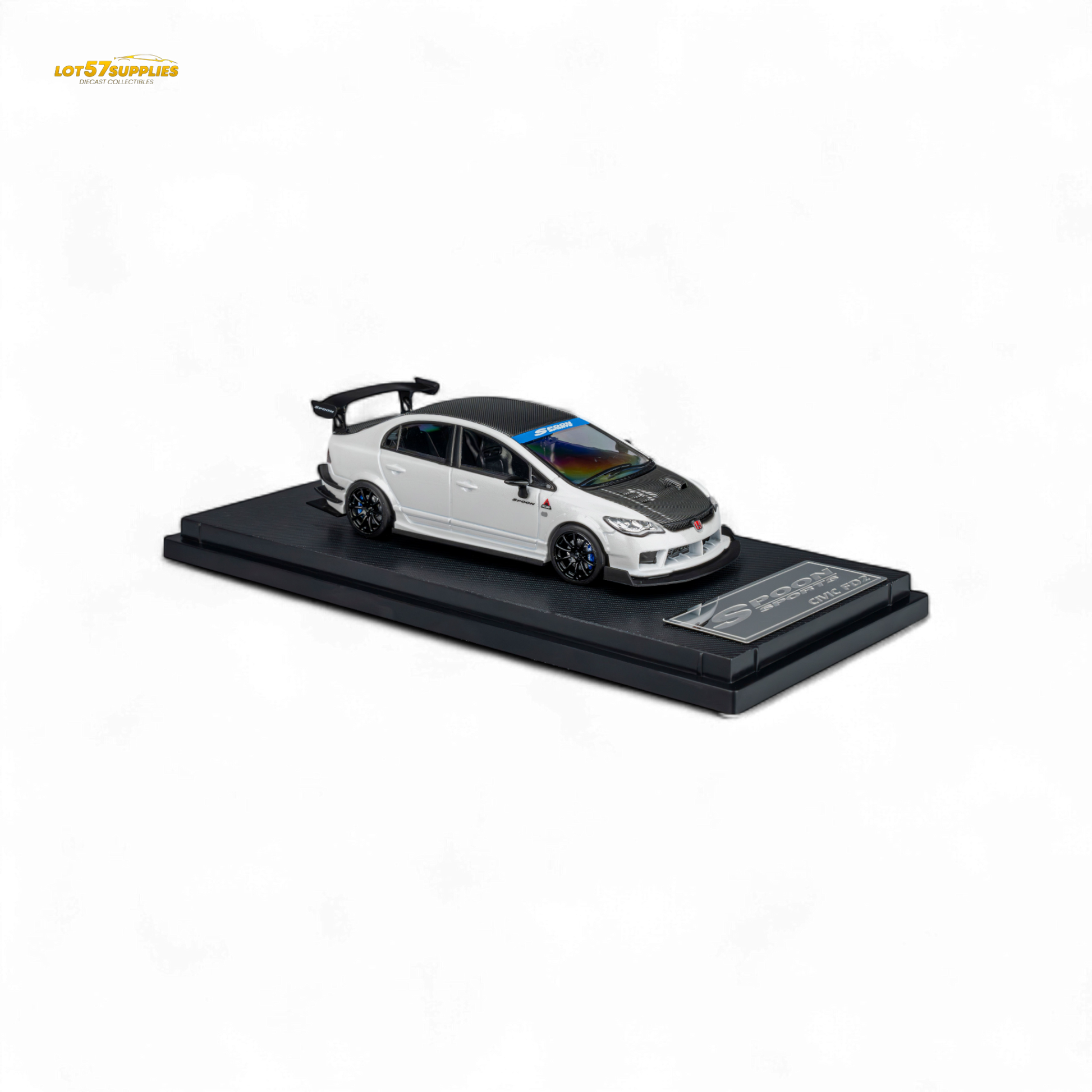 Metallic white Honda Civic Type R FD2 diecast model by Spoon Sports, 1:64 scale, featuring detailed exterior and racing-inspired design.