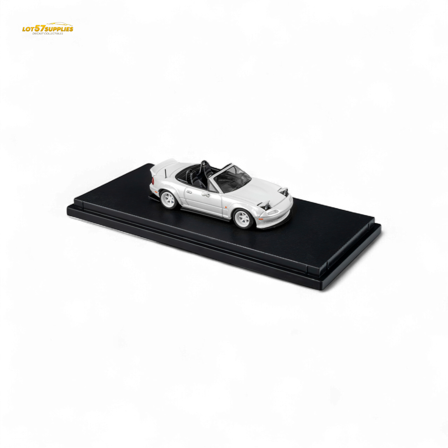 Microturbo Custom MX5 Rocket Bunny diecast Mazda car in metallic white, 1:64 scale, from Lot57Supplies Diecast Shop.