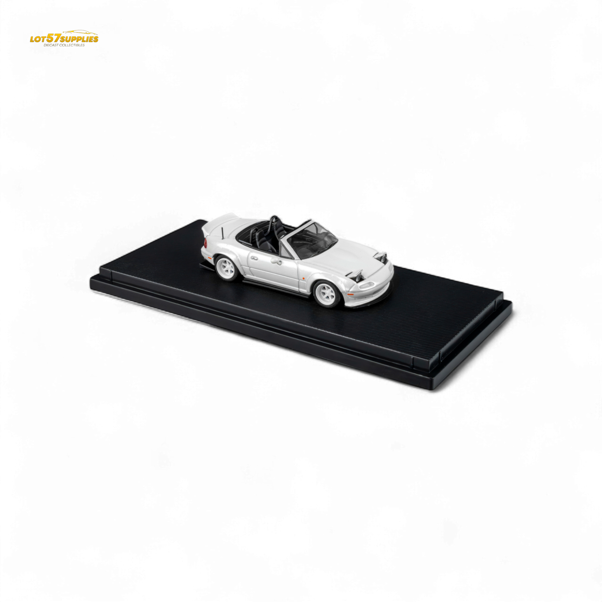 Microturbo Custom MX5 Rocket Bunny diecast Mazda car in metallic white, 1:64 scale, from Lot57Supplies Diecast Shop.