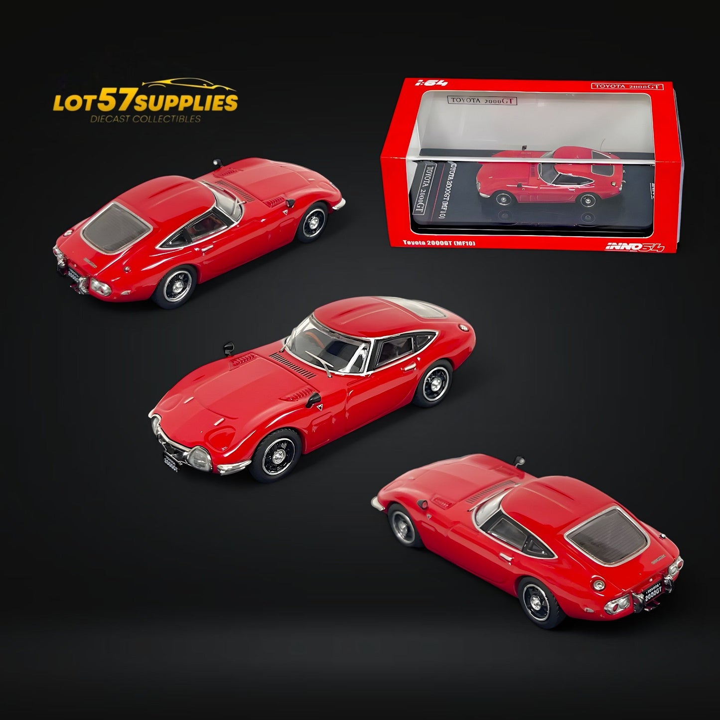 Red Inno64 Toyota 2000GT diecast model in 1:64 scale, detailed collectible car with sleek design and realistic features.
