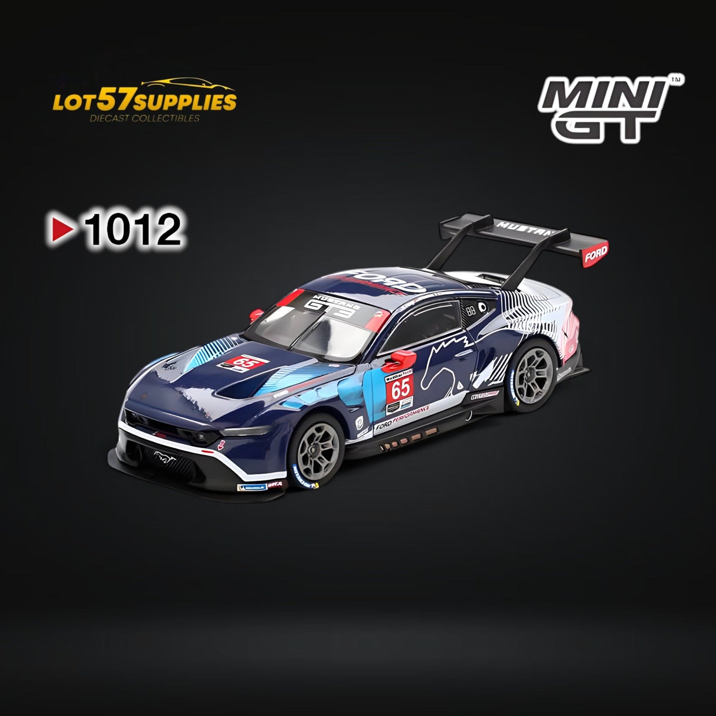 Mini-GT Ford Mustang GT3 #65 diecast model in 1:64 scale, detailed Ford racing car collectible from Lot57Supplies Diecast Shop