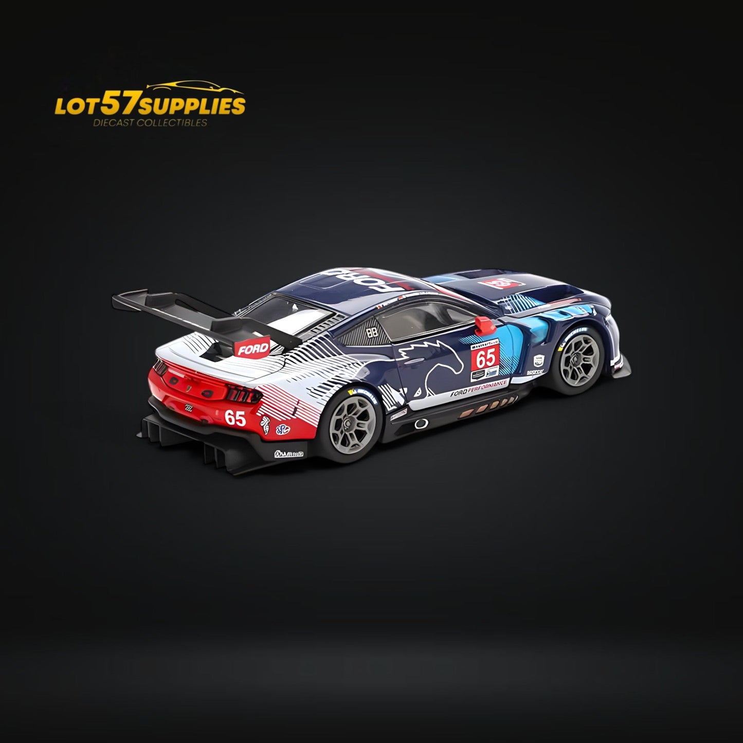 Mini-GT Ford Mustang GT3 #65 diecast model in 1:64 scale, featuring detailed design and realistic racing graphics.