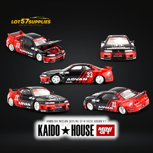 Mini-GT x Kaido Nissan Skyline GT-R R33 diecast model in black with detailed decals, 1:64 scale, displayed from above