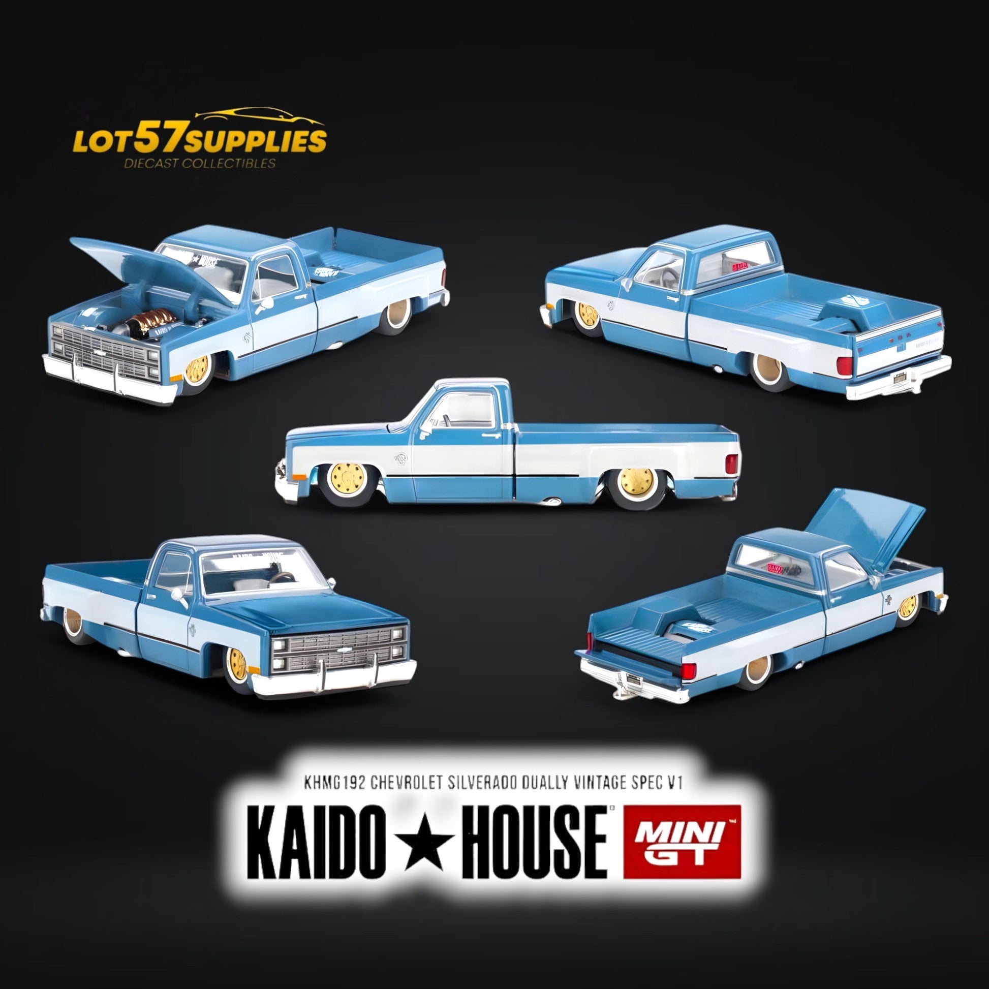 Mini GT x KAIDO Chevrolet Silverado Dually Vintage Spec V1 diecast model in 1:64 scale, showcasing detailed vintage design.