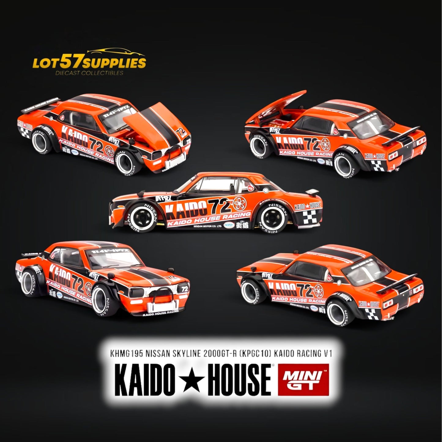 Mini-GT x Kaido Nissan Skyline 2000GT-R KPGC10 diecast model by Lot57Supplies, detailed 1:64 scale Nissan race car.