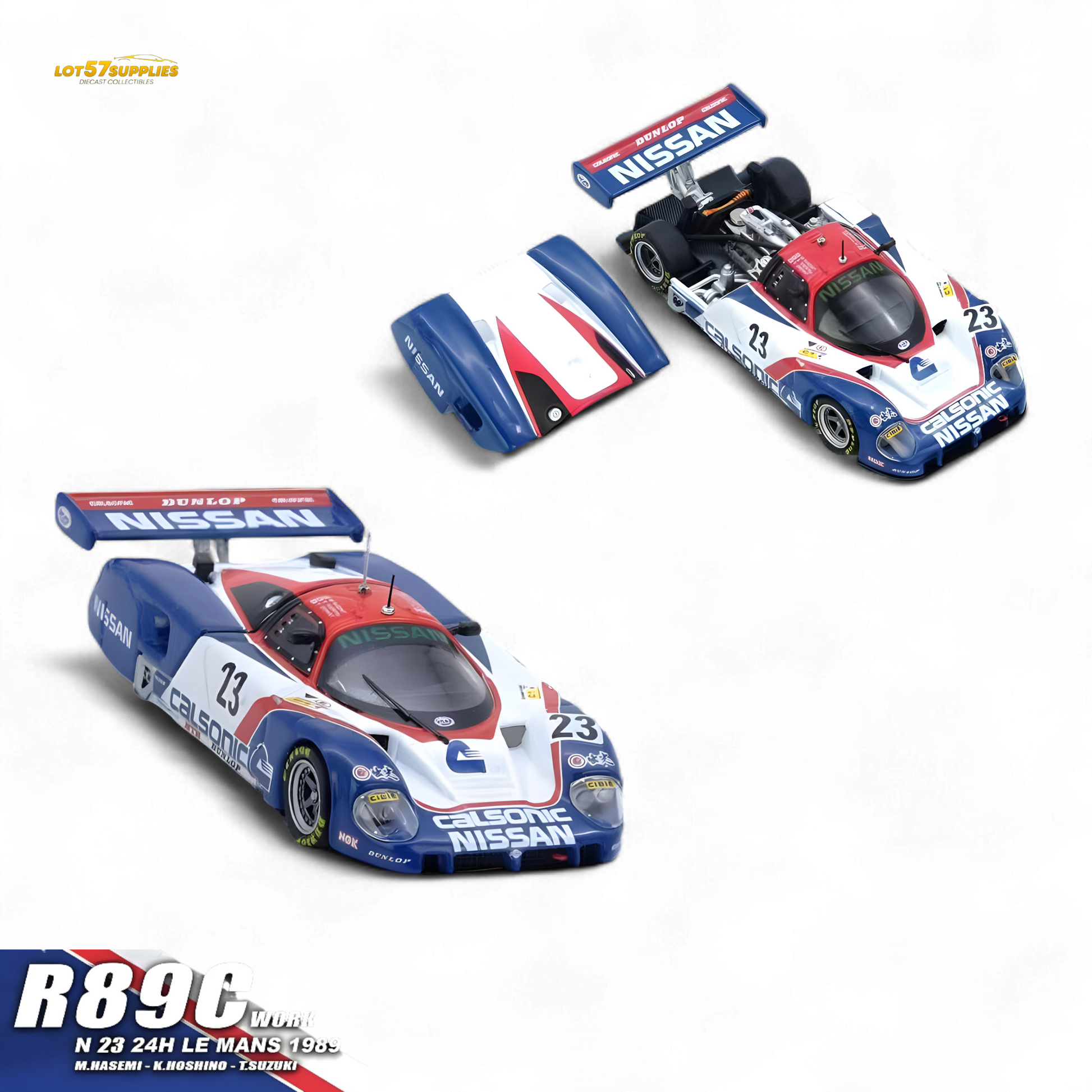 Detailed view of the INNO64 Nissan R89C diecast model in 1:64 scale, showcasing the Nissan race car's design and branding.