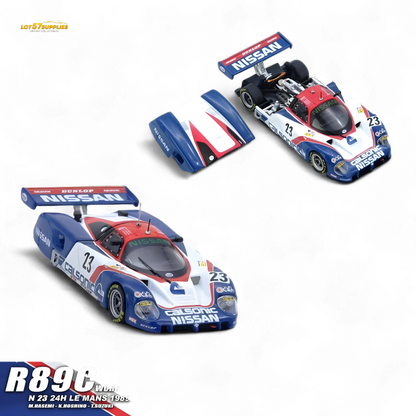Detailed view of the INNO64 Nissan R89C diecast model in 1:64 scale, showcasing the Nissan race car's design and branding.