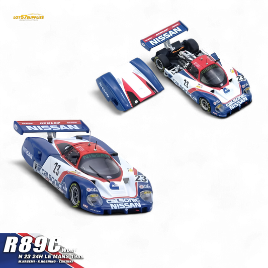 Detailed view of the INNO64 Nissan R89C diecast model in 1:64 scale, showcasing the Nissan race car's design and branding.