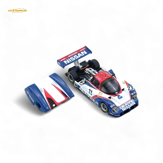 Detailed image of the INNO64 Nissan R89C diecast model, showcasing the miniature Nissan race car in 1:64 scale.