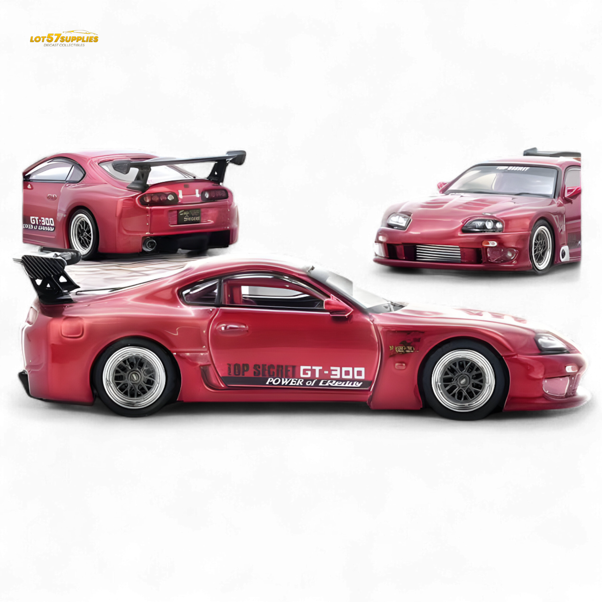 Red Inno64 Toyota Supra A80 Top Secret diecast model, detailed 1:64 scale car with realistic features.