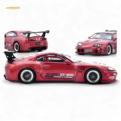 Red Inno64 Toyota Supra A80 Top Secret diecast model, detailed 1:64 scale car with realistic features.