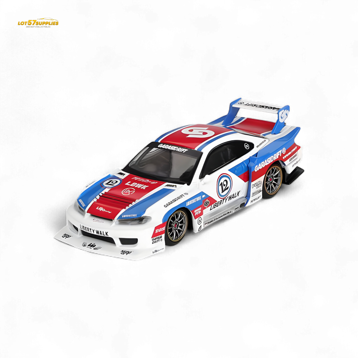 Mini-GT Nissan S15 Silvia LBWK diecast model in 1:64 scale, detailed Nissan car by Lot57Supplies Diecast Shop.
