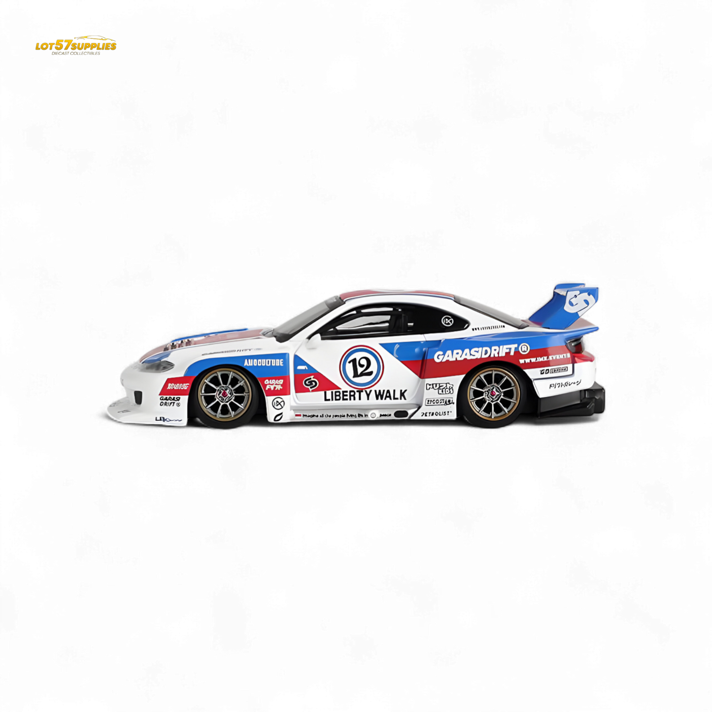Mini-GT Nissan S15 Silvia LBWK diecast model in 1:64 scale, detailed Nissan car with sleek black finish.