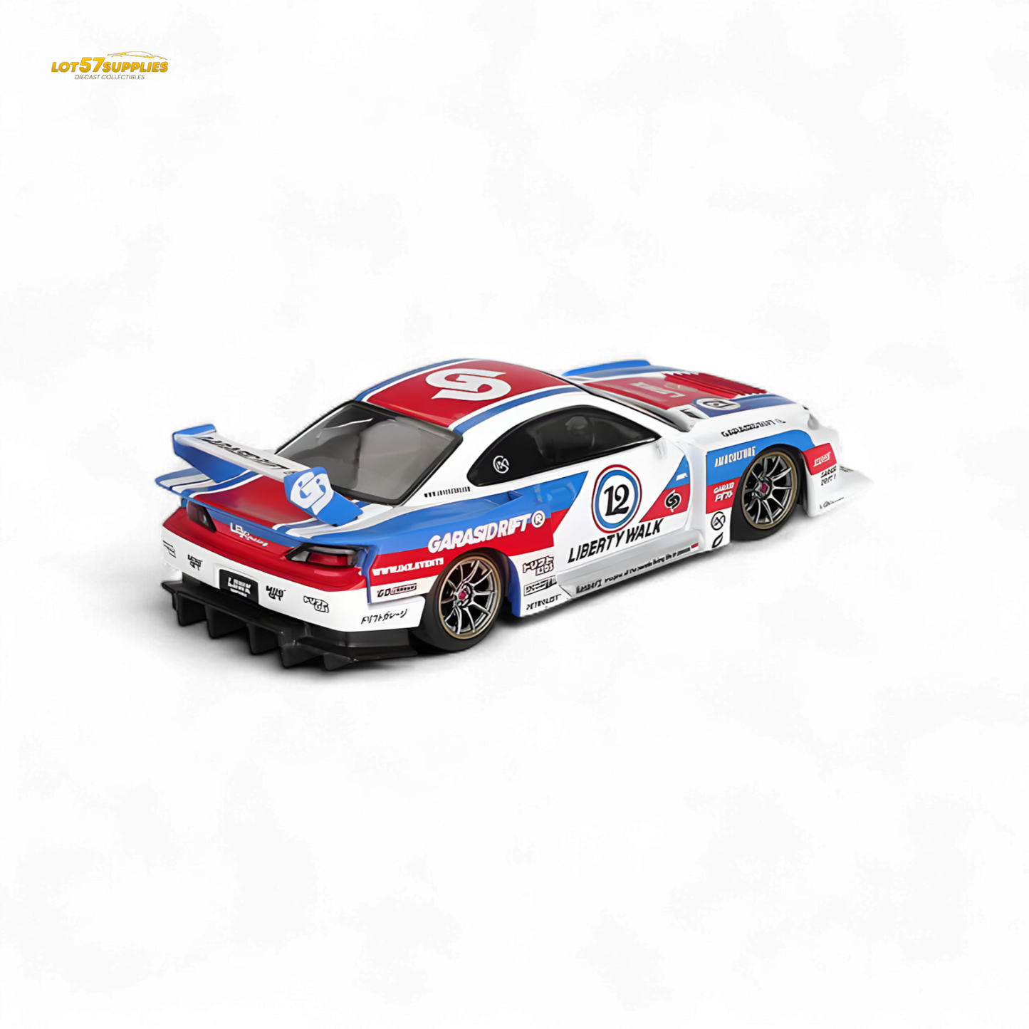 Mini-GT Nissan S15 Silvia LBWK diecast model in 1:64 scale, detailed Nissan car collectible by Lot57Supplies Diecast Shop.