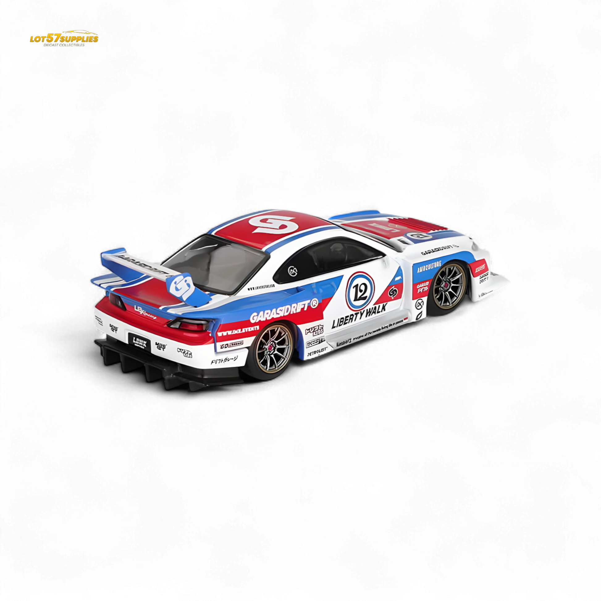 Mini-GT Nissan S15 Silvia LBWK diecast model in 1:64 scale, detailed Nissan car collectible by Lot57Supplies Diecast Shop.