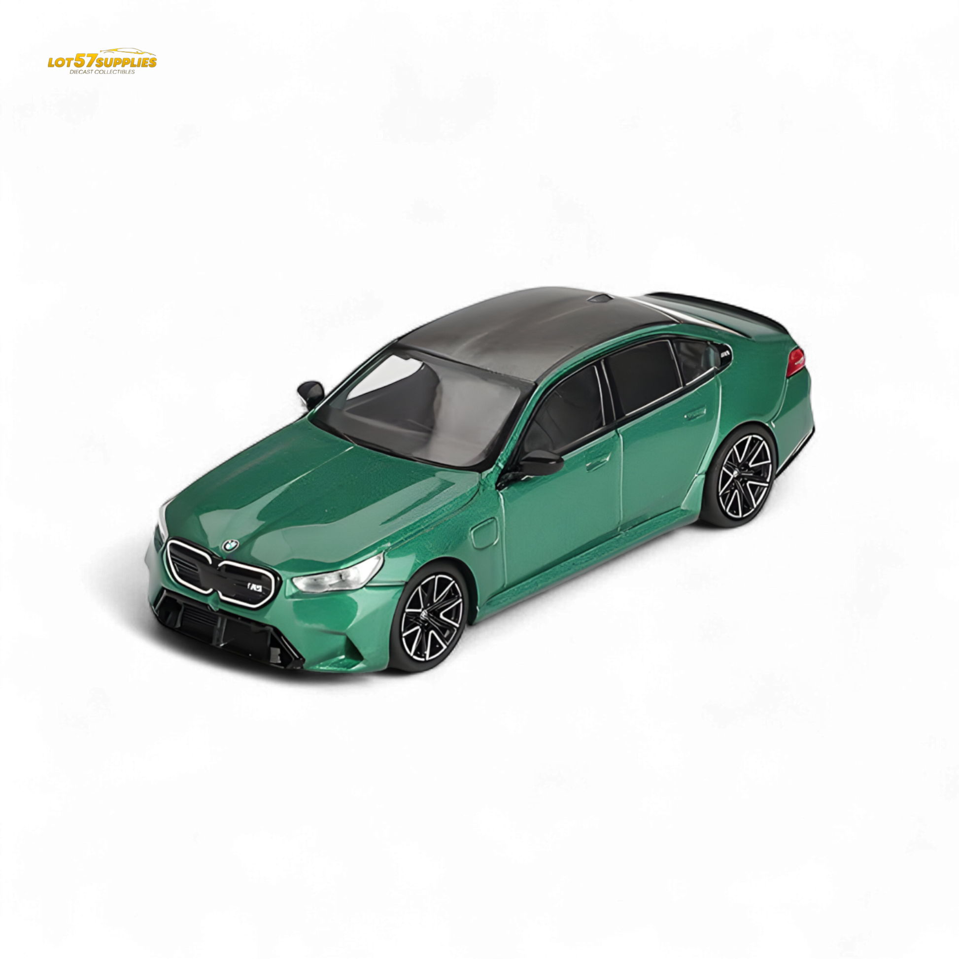 Mini GT BMW M5 diecast car in Isle of Man Green Metallic, 1:64 scale, detailed model from Lot57Supplies Diecast Shop.