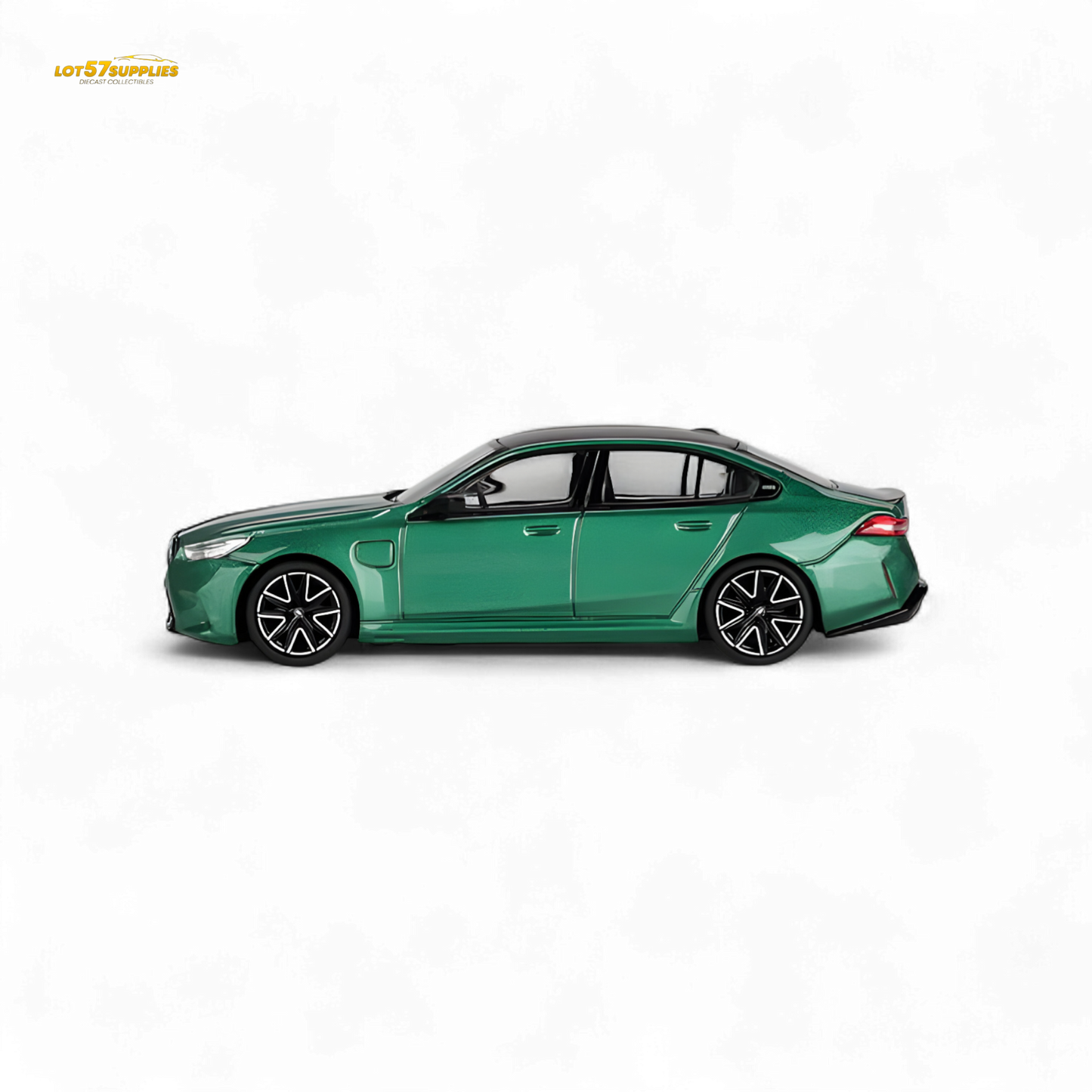 Mini GT BMW M5 diecast car in Isle of Man Green Metallic, 1:64 scale, detailed model from Lot57Supplies Diecast Shop.