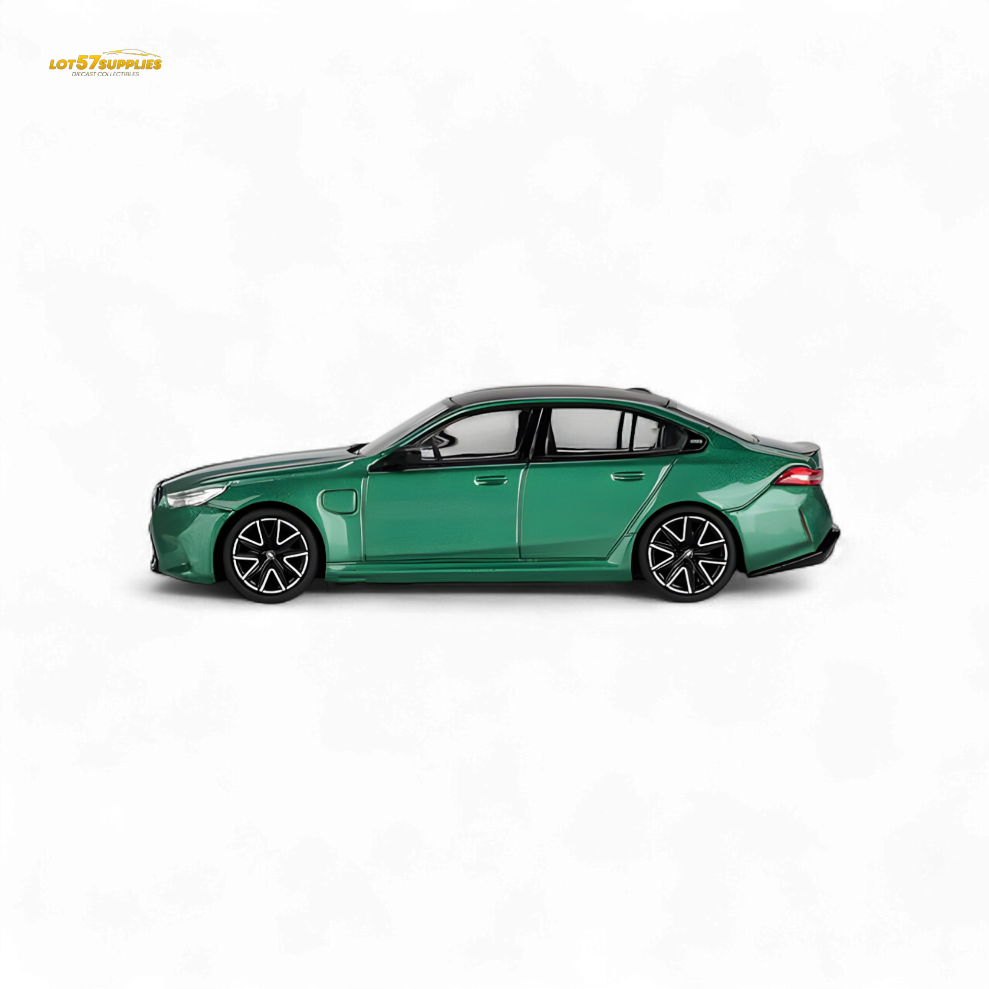Mini GT BMW M5 diecast car in Isle of Man Green Metallic, 1:64 scale, detailed model from Lot57Supplies Diecast Shop.