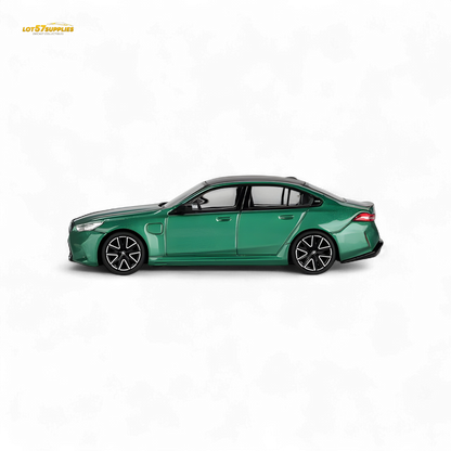Mini GT BMW M5 diecast car in Isle of Man Green Metallic, 1:64 scale, detailed model from Lot57Supplies Diecast Shop.