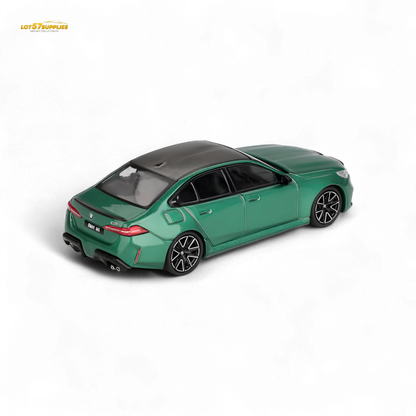 Mini GT BMW M5 diecast model in Isle of Man Green Metallic, 1:64 scale, detailed BMW car with realistic features.