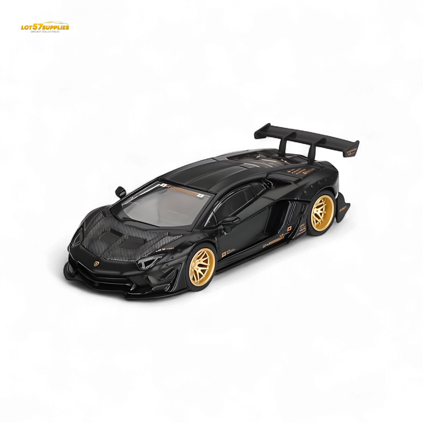 Mini-GT LB★WORKS Lamborghini Aventador diecast model in matte black, 1:64 scale, featuring detailed Lamborghini design.