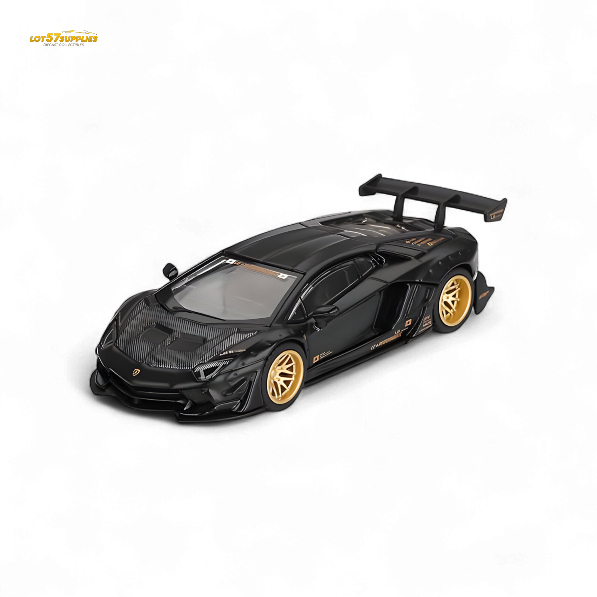 Mini-GT LB★WORKS Lamborghini Aventador diecast model in matte black, 1:64 scale, featuring detailed Lamborghini design.