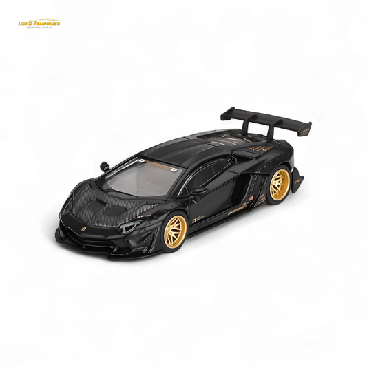 Mini-GT LB★WORKS Lamborghini Aventador diecast model in matte black, 1:64 scale, featuring detailed Lamborghini design.