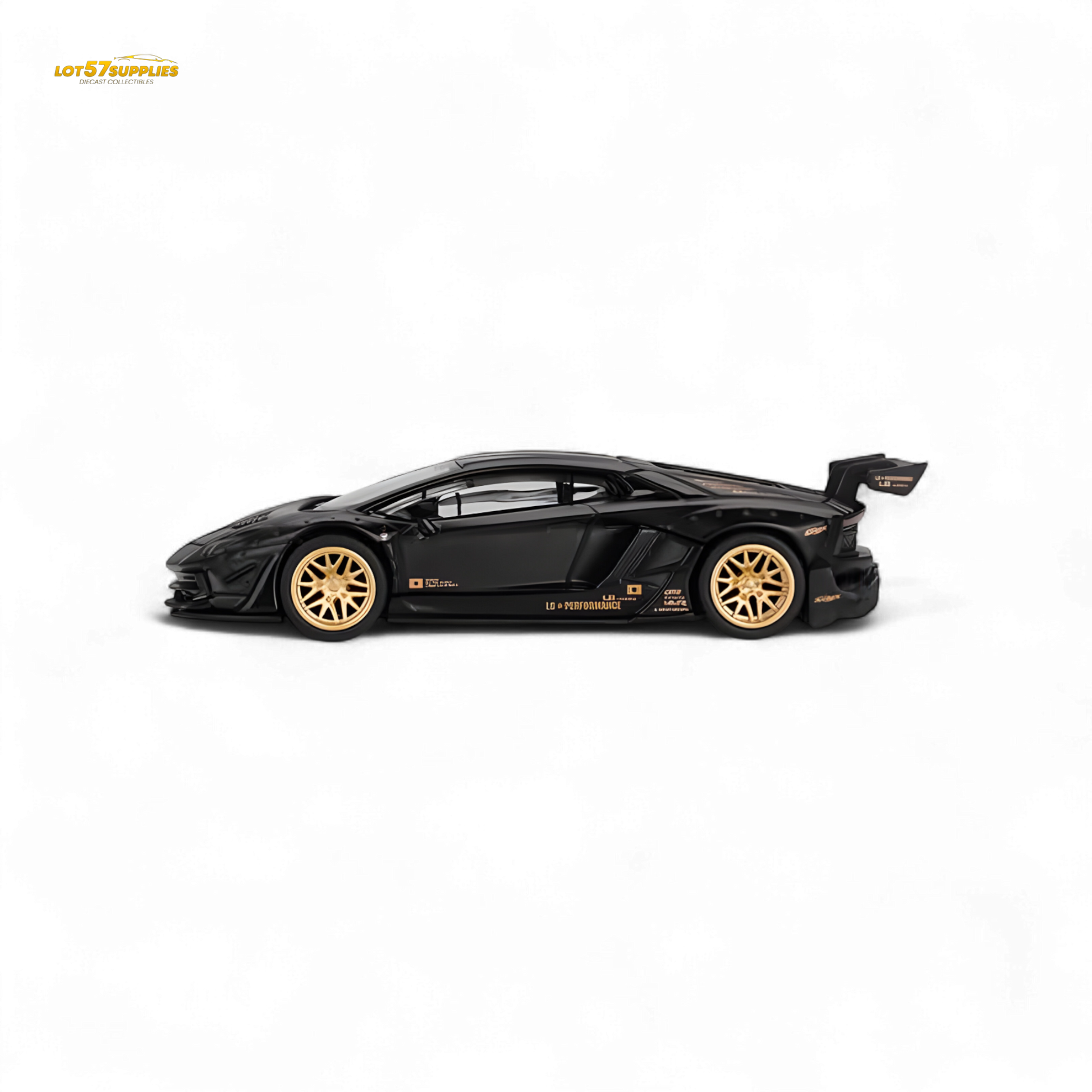 Mini-GT LB★WORKS Lamborghini Aventador diecast model in matte black, 1:64 scale, showcasing detailed exterior and sporty design.