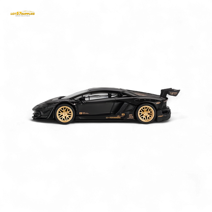 Mini-GT LB★WORKS Lamborghini Aventador diecast model in matte black, 1:64 scale, showcasing detailed exterior and sporty design.