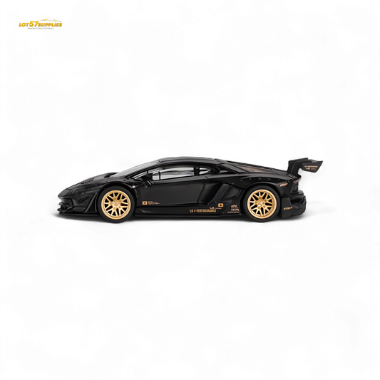 Mini-GT LB★WORKS Lamborghini Aventador diecast model in matte black, 1:64 scale, showcasing detailed exterior and sporty design.